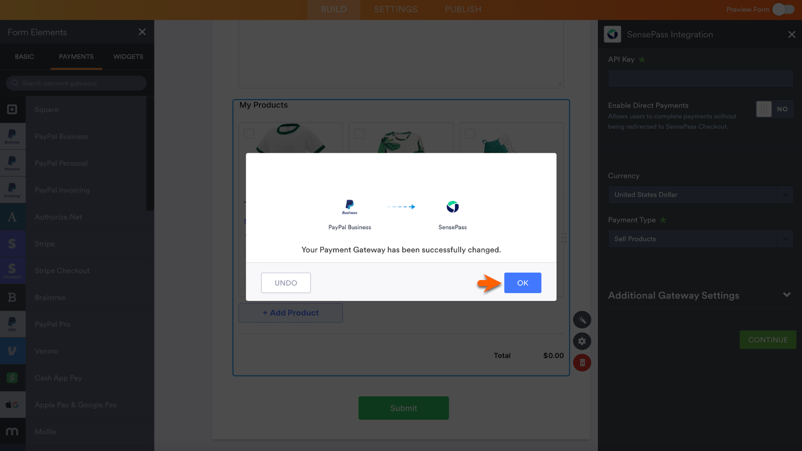 Confirming the Payment Gateway by Clicking on "Ok" in a Popup Window