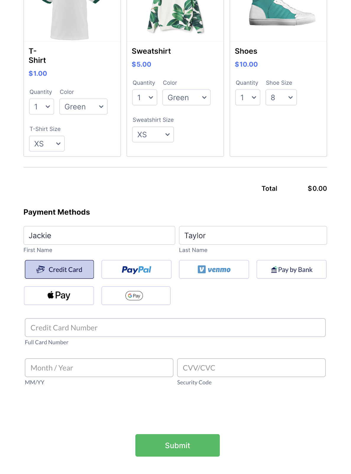 Multiple Payment Options and Payment Methods Viewed in the Form