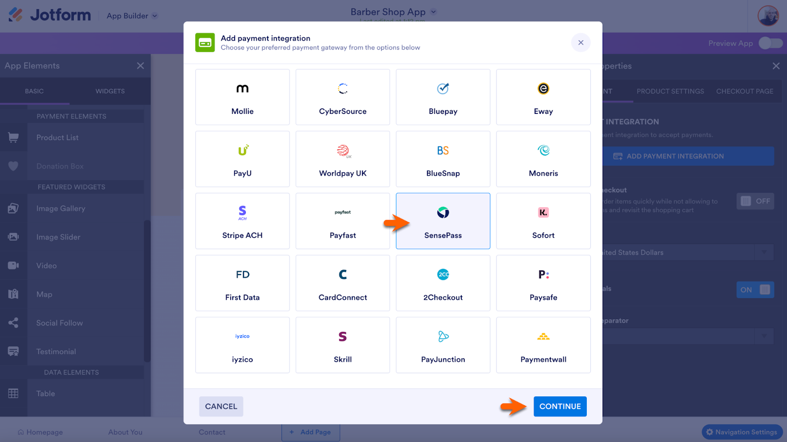Choosing SensePass Integration from the Payment Integration Options Popup Menu