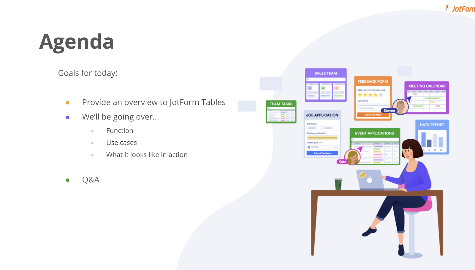 An illustrative slide presenting an agenda for an overview of Jotform Tables, with visual representations of data forms and a female character working on a laptop