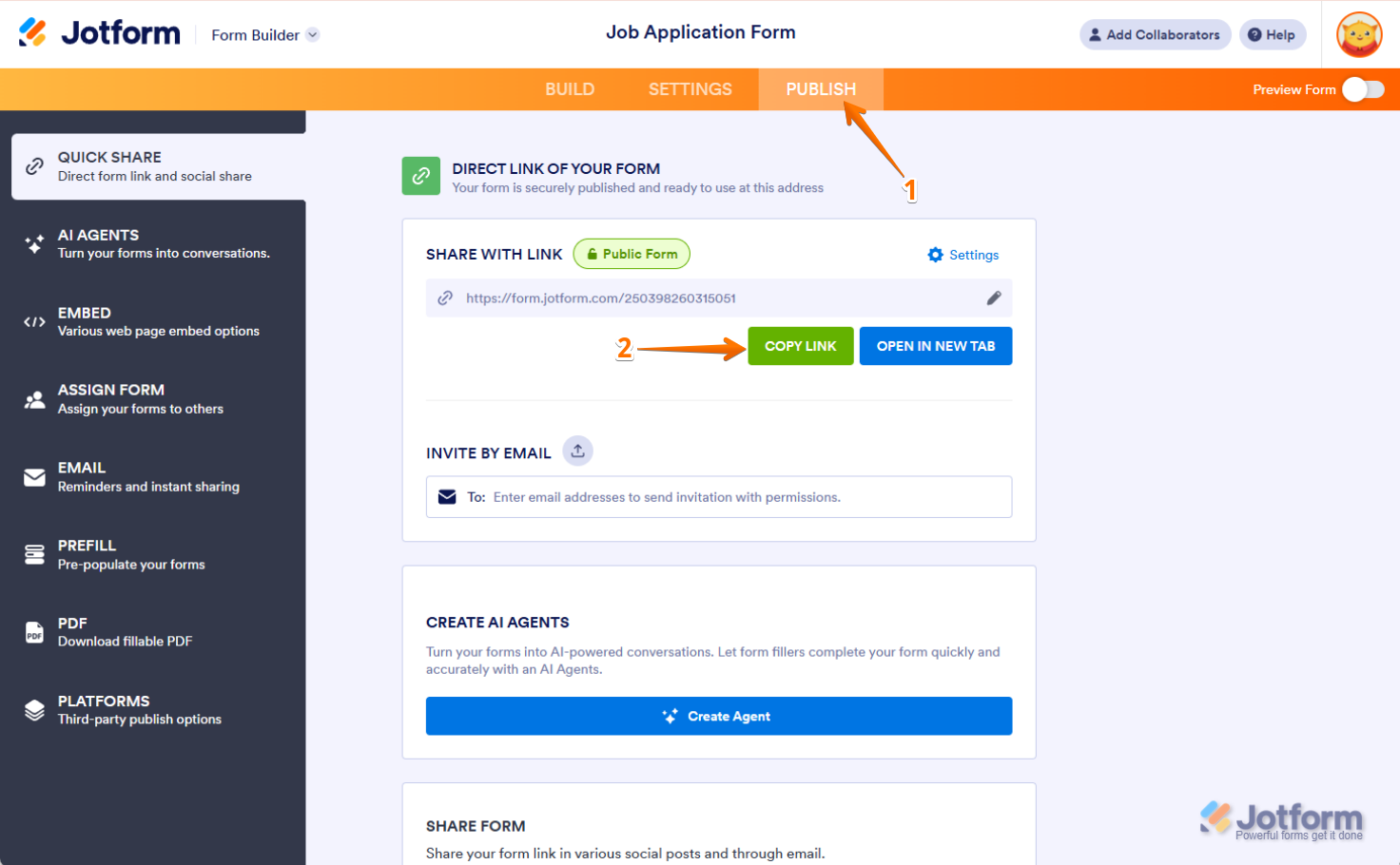 Copy Link Button in the Publish tab of Form Builder to get the Form URL in Jotform
