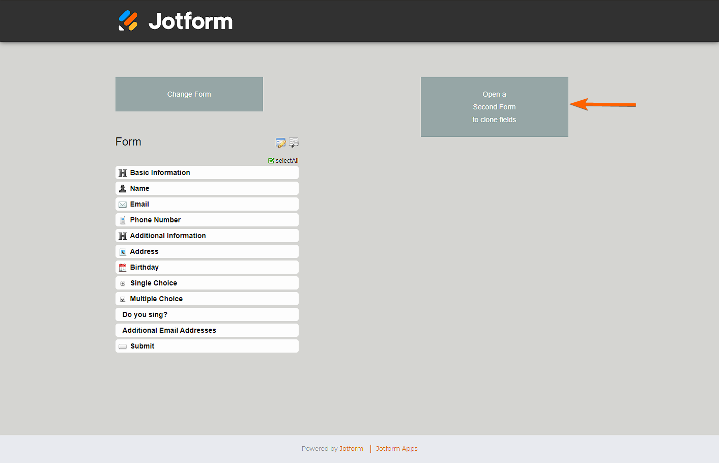 Botón para abrir el segundo formulario en la Aplicación Administrador de Campos de Jotform