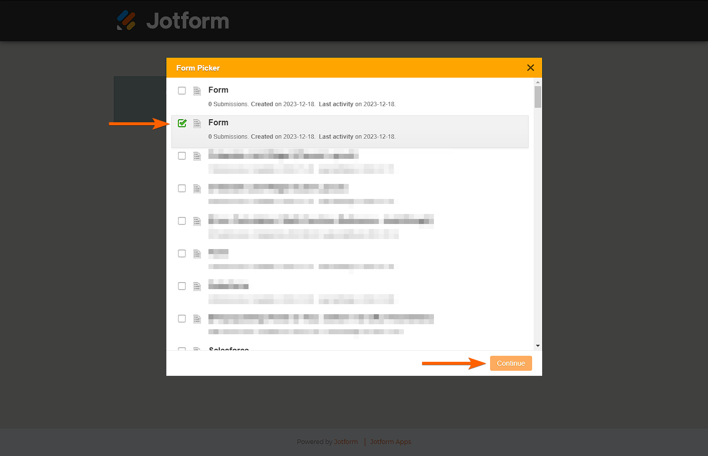 Modal del Selector de Formularios en la aplicación Administrador de Campos de Jotform