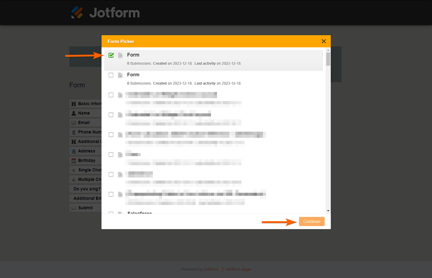 Modal del Selector de Formularios en la aplicación Administrador de Campos de Jotform
