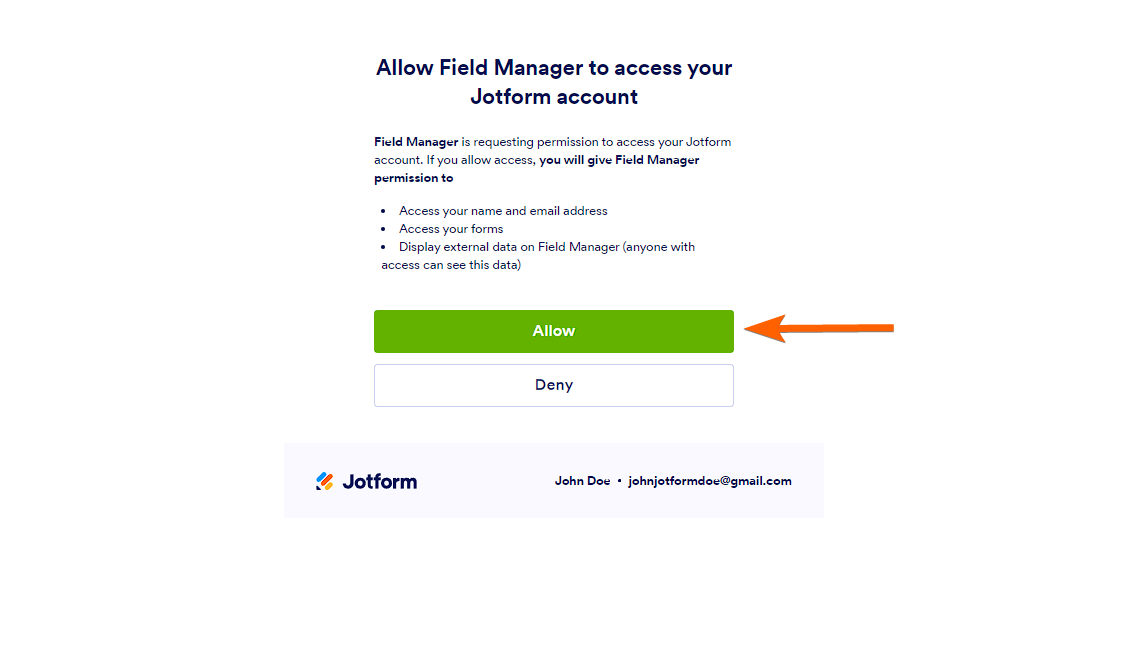 Pantalla de autenticación de la aplicación Administrador de Campos en Jotform
