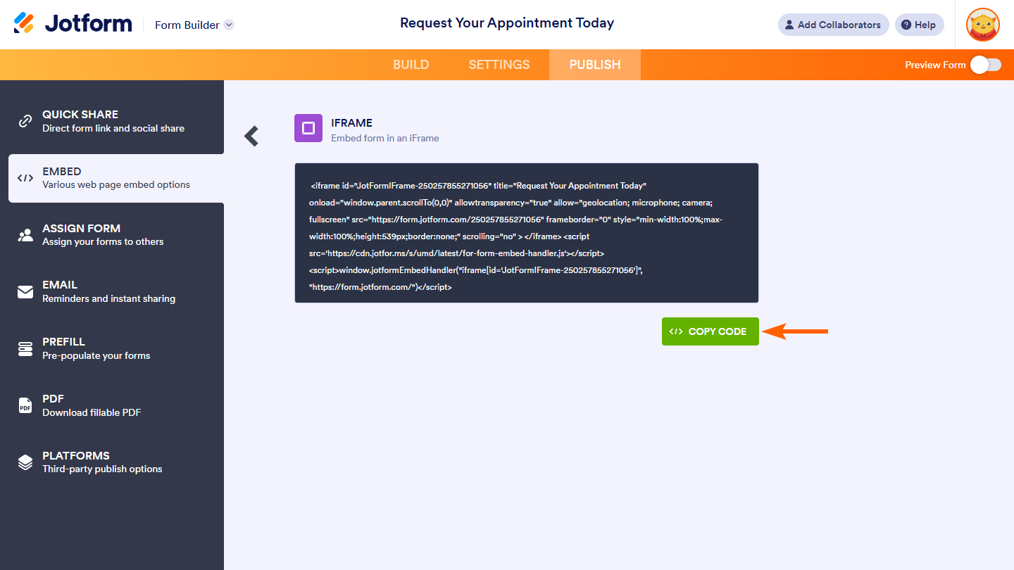 Copy Code button of the Iframe option in the Embed section of the Publish tab in Jotform Form Builder