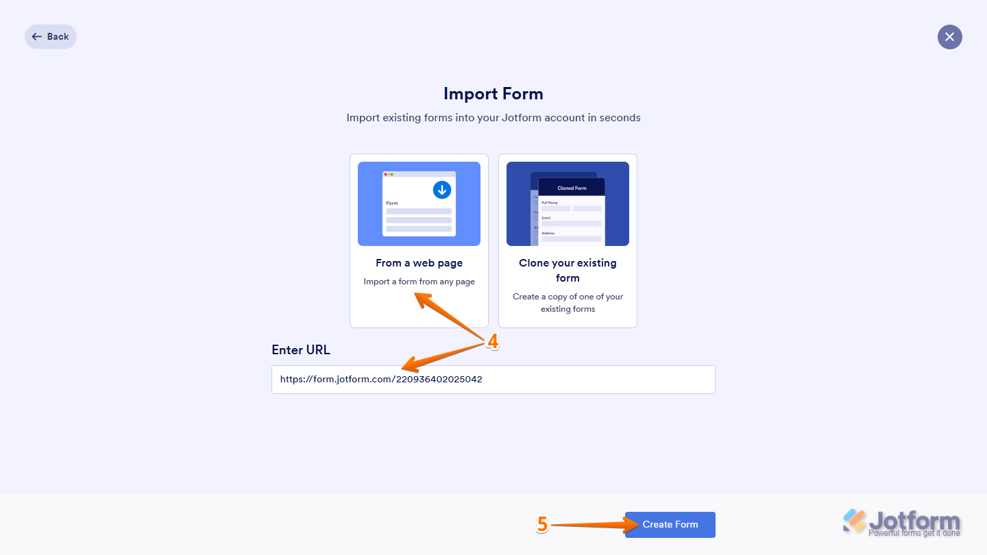 Select From a Webpage, Enter URL and click on Create Form in Jotform