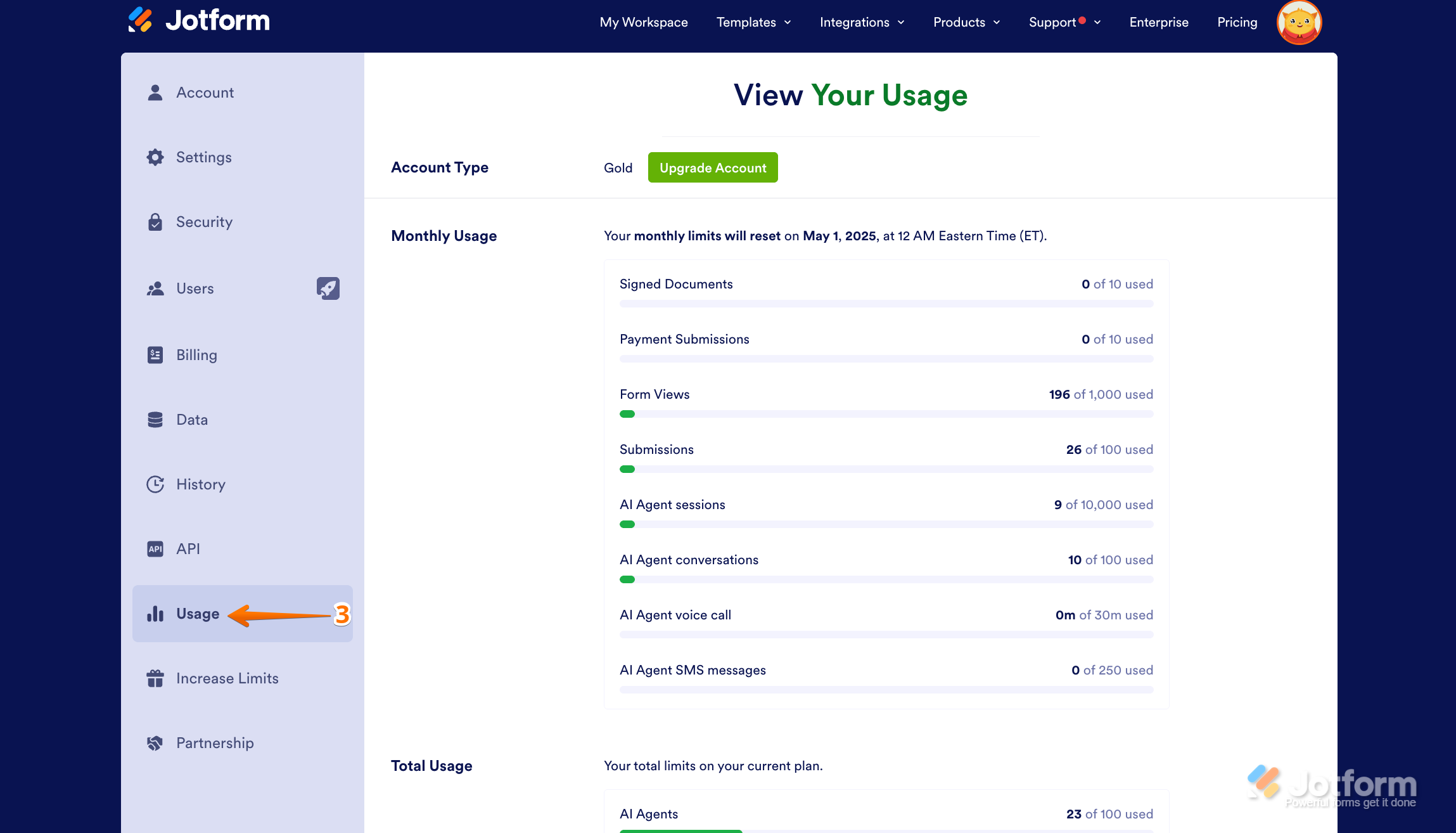 Navigating to the Usage tab in Jotform Account Settings to view current usage and monthly reset date