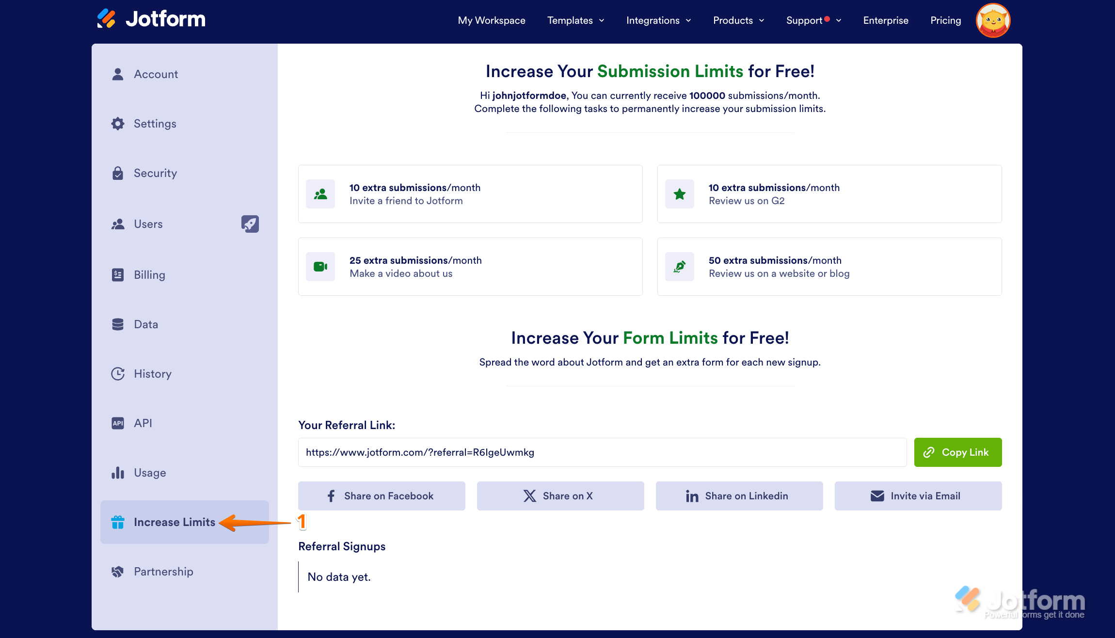 Jotform Account Settings page with the Increase Limits tab selected to perform upgrade-related tasks