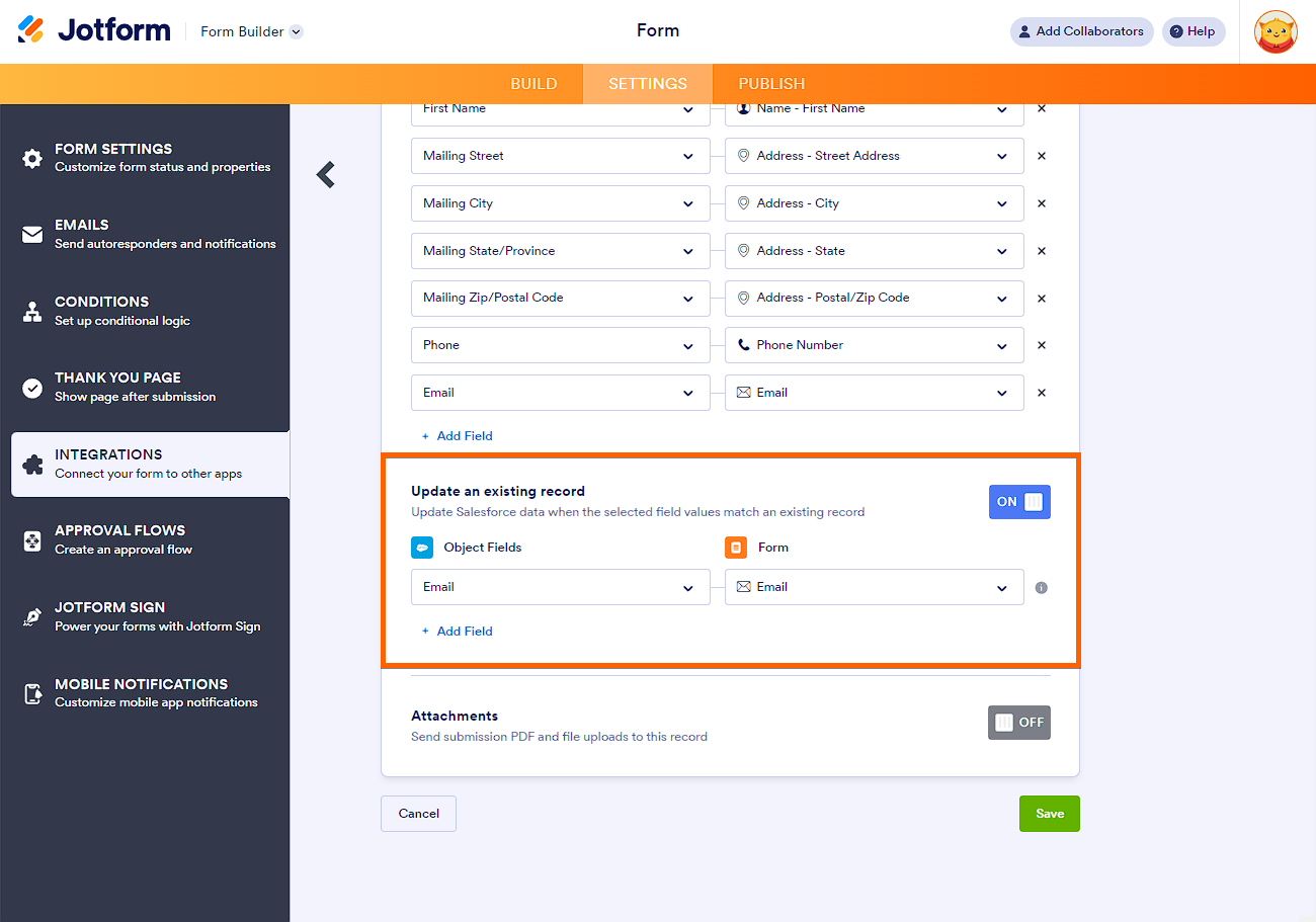 Update an existing record in Jotform's Salesforce integration