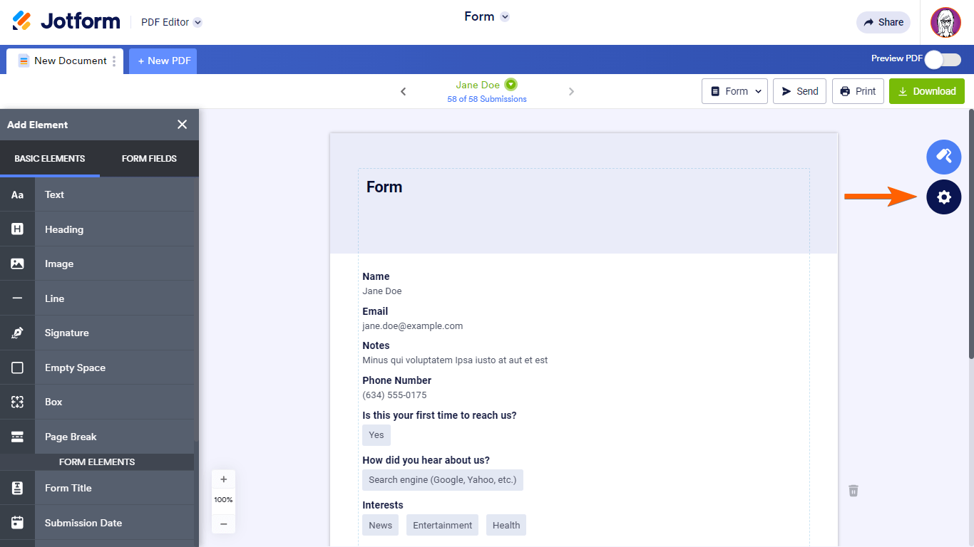 The PDF Settings icon in Jotform PDF Editor