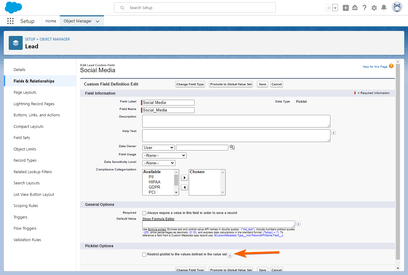 Restrict picklist value in Salesforce field settings
