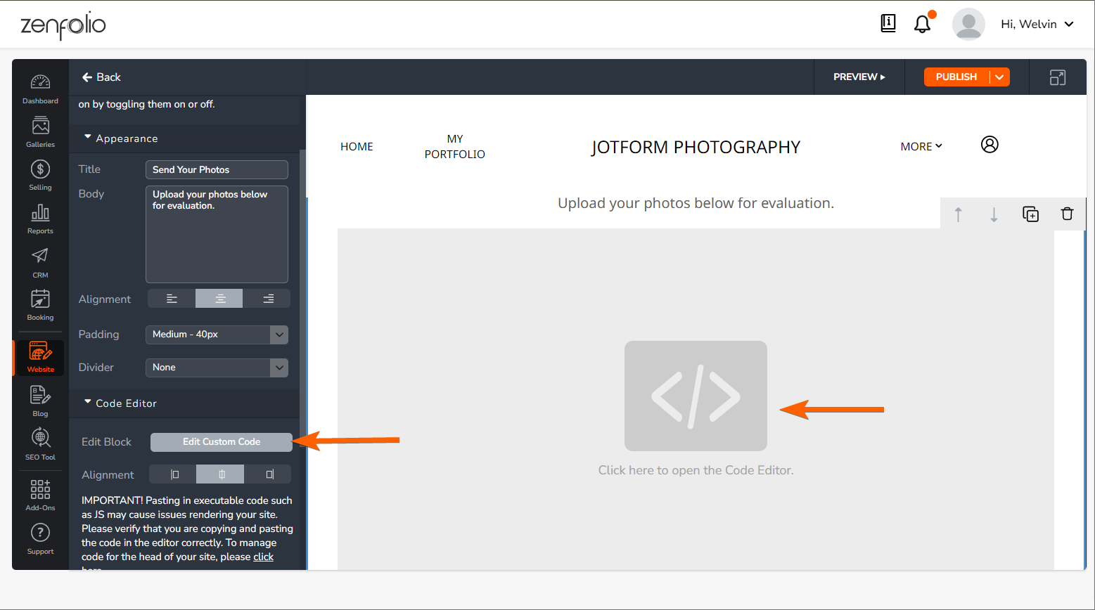Edit Custom Code in the Code Block of Zenfolio Website Editor