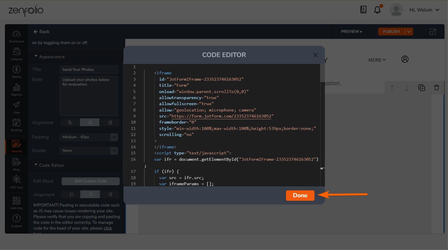 Code Editor window of the Code Block in Zenfolio Website Editor