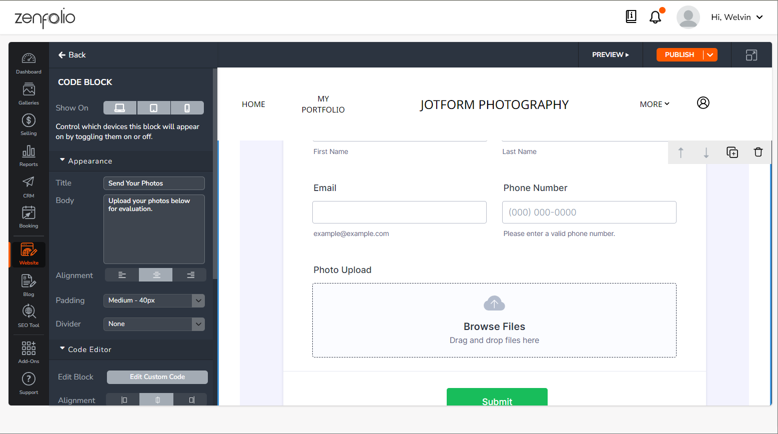Jotform form displayed in the Zenfolio page