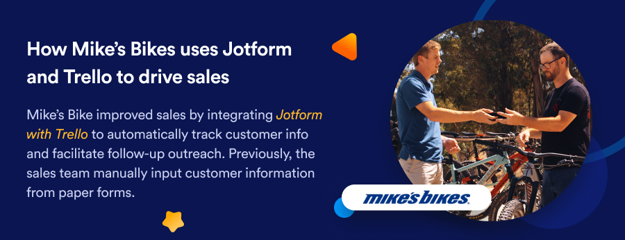A promotional banner showing two men examining a bicycle with text about Mike's Bikes using Jotform and Trello to boost sales