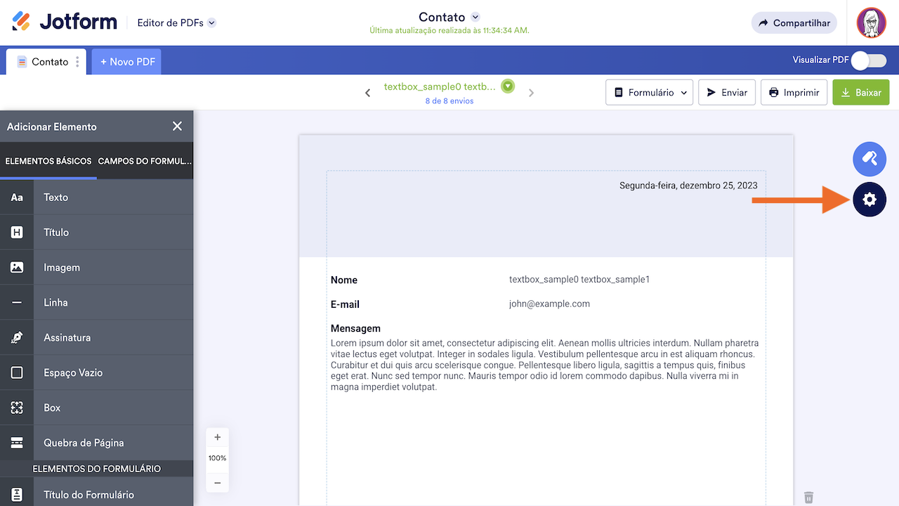 Ícone Configurações do PDF no Editor de PDFs Jotform