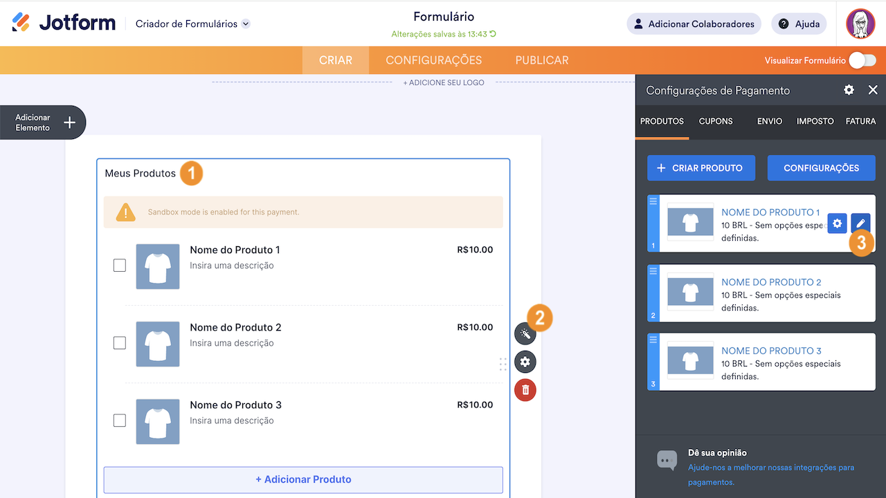 Configurações de pagamento Jotform
