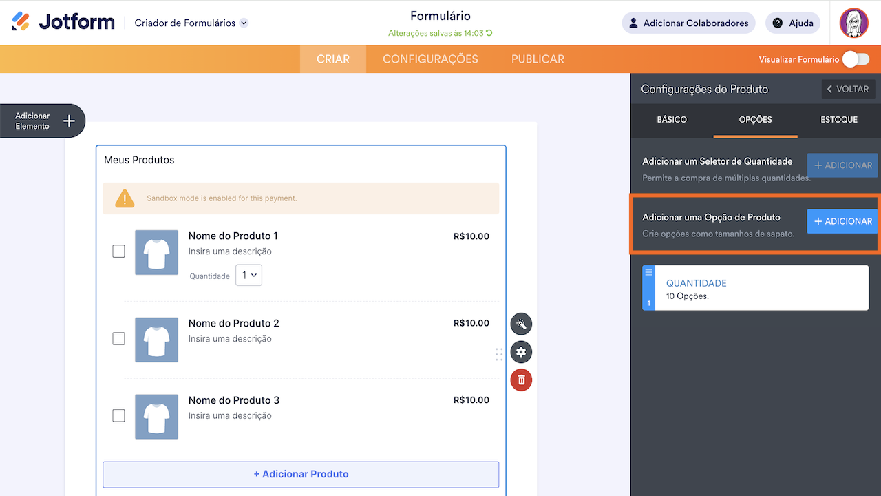 Adicionando uma opção de produto no Jotform