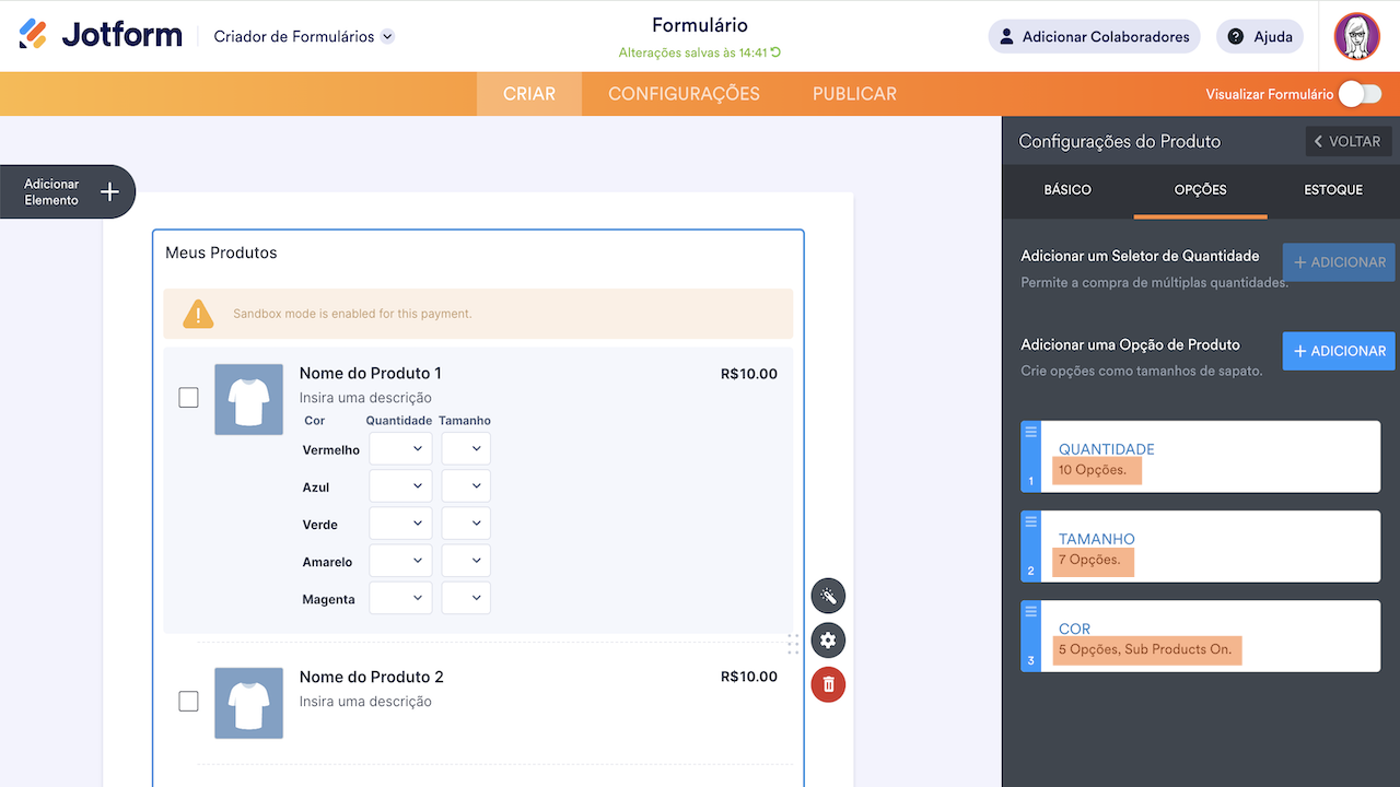 Opções de produtos no Jotform