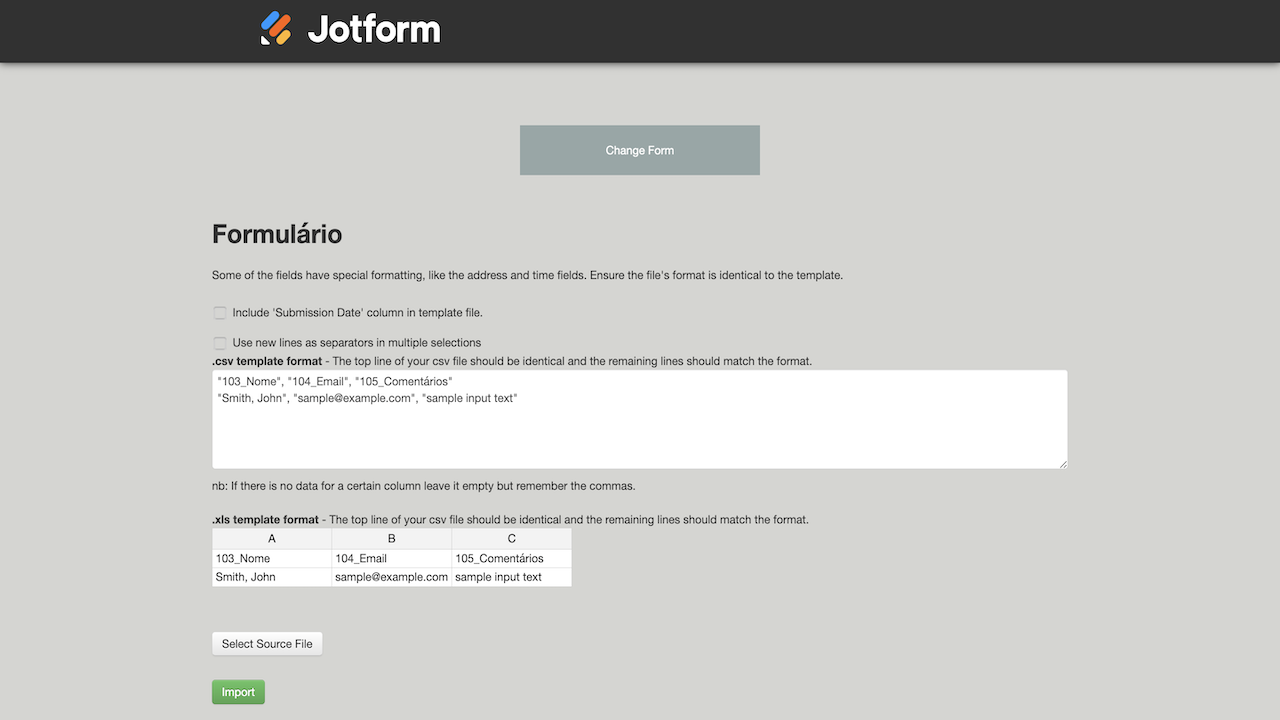Guia de modelo de formato da ferramenta Jotform de Importação de Dados