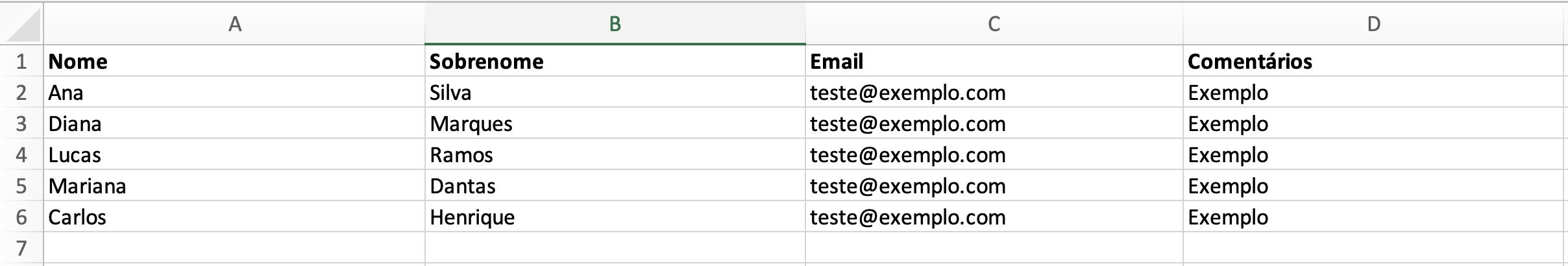 Exemplo de arquivo de dados do Excel