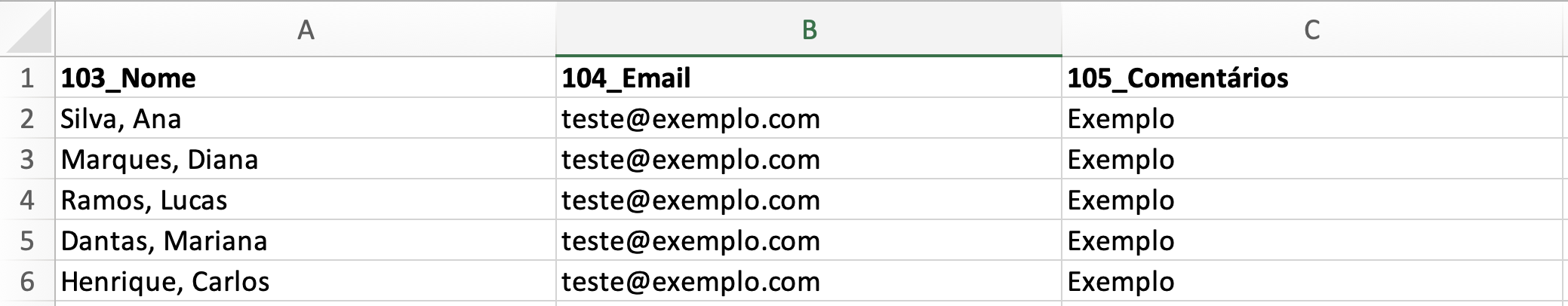 Exemplo de arquivo Excel pronto para importação para o Jotform Import Data
