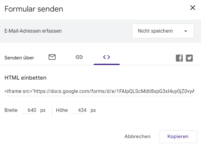 Screenshot des Sendemenüs von Google Formulare, wobei die Option "Einbetten" derzeit geöffnet ist