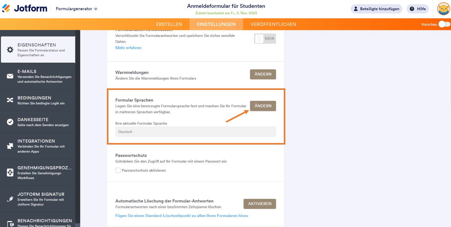 Seite mit den Formulareinstellungen in Jotform Formulargenerator Klicken Sie auf Bearbeiten im Abschnitt Formular Sprachen