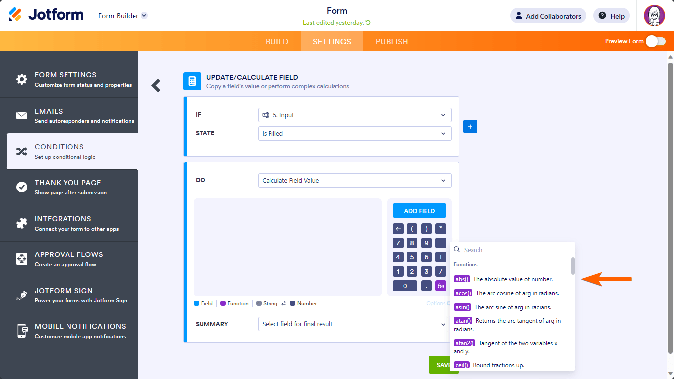 Cuadro de diálogo de búsqueda de funciones de Actualizar/Calcular Campo en el Constructor de Formularios de Jotform