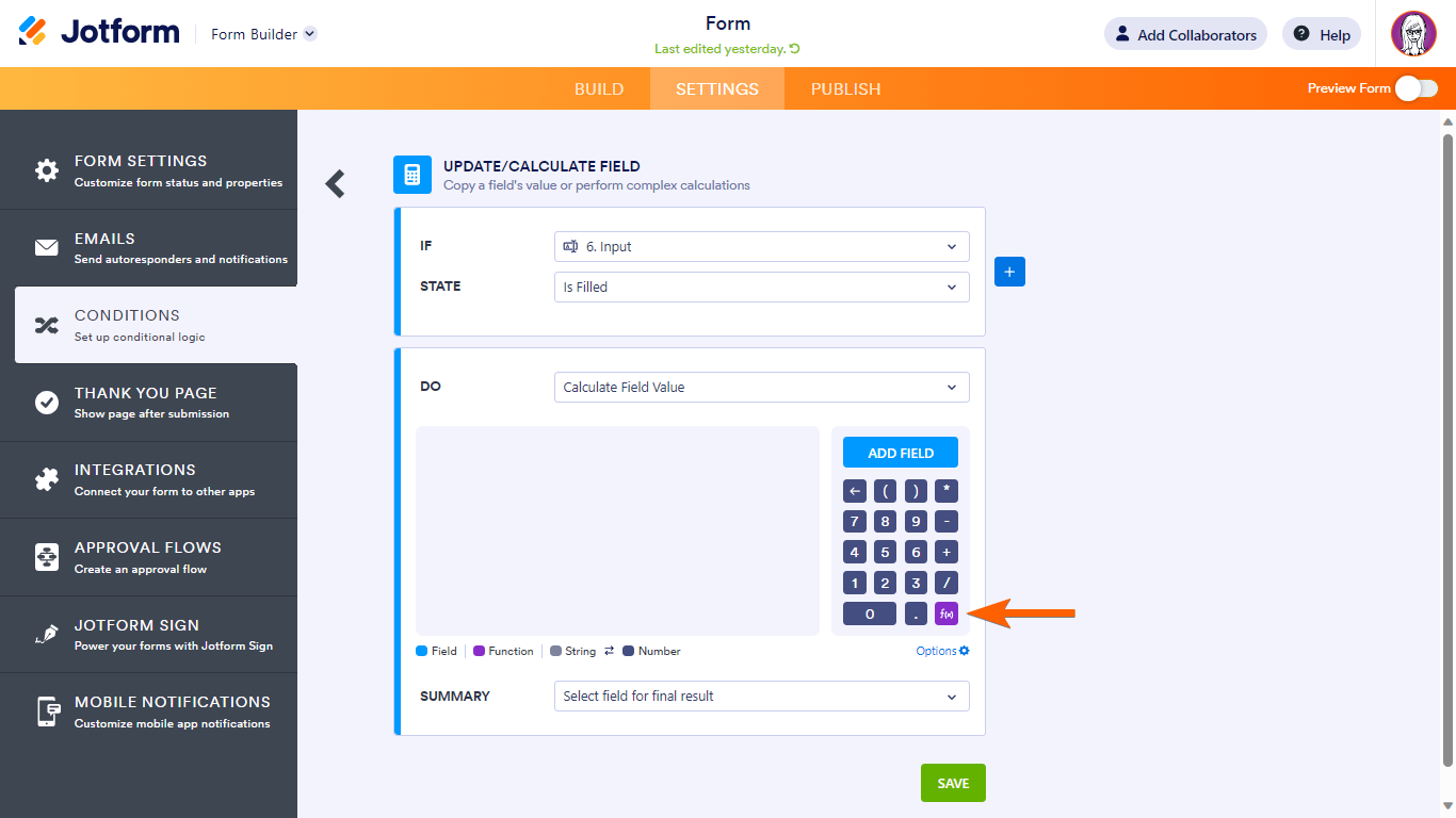 Icono de función de Actualizar/Calcular Campo en el Constructor de Formularios de Jotform