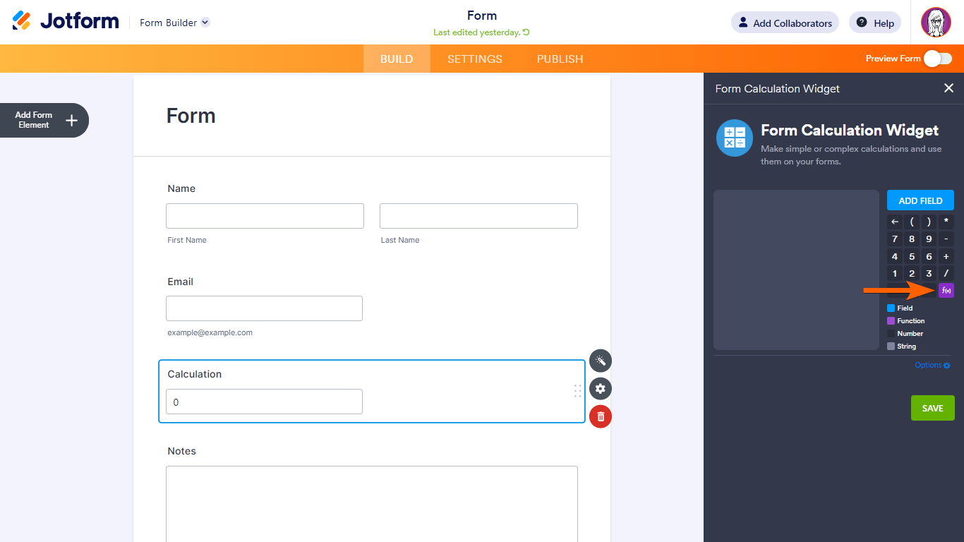 Icono de función del widget de Cálculo de Formularios en el Constructor de Formularios de Jotform