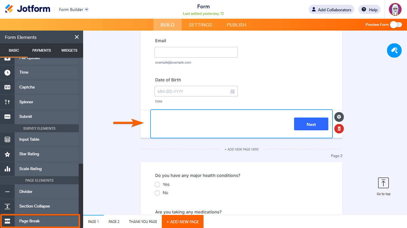 A Page Break element in Jotform Form Builder
