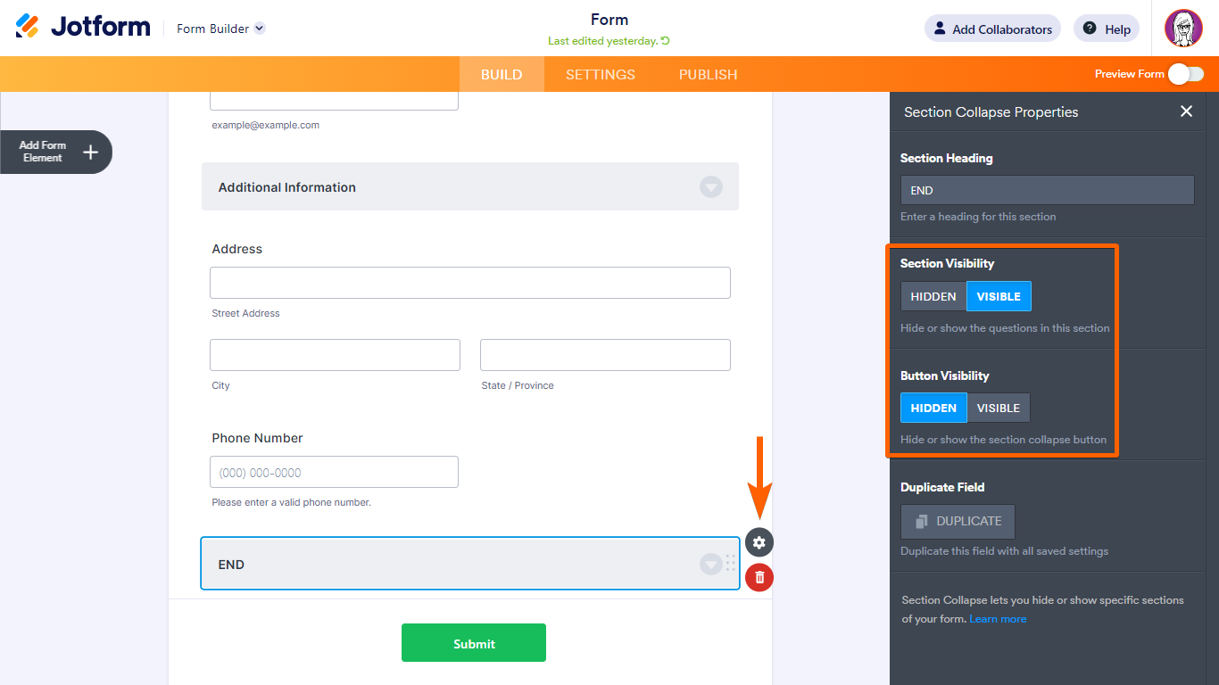 A section end with Section Collapse in Jotform Form Builder