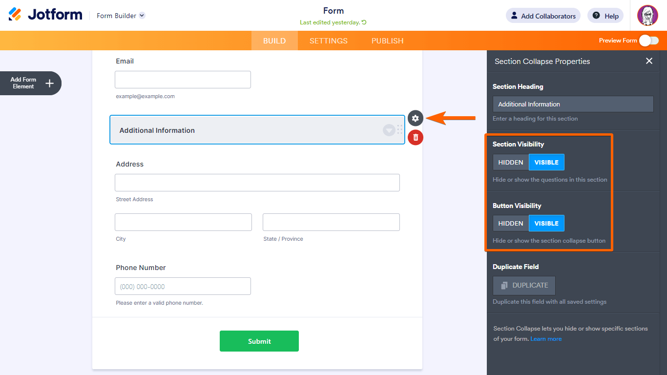 The Section Collapse properties in Jotform Form Builder