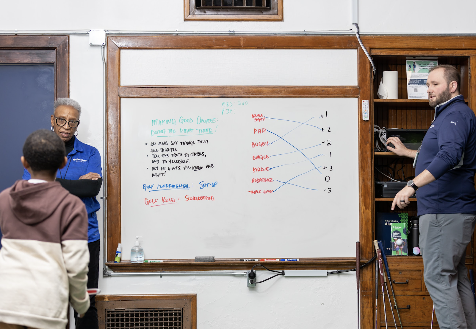 A classroom setting with a whiteboard showing a discussion on good character traits and golf scoring, with two people present