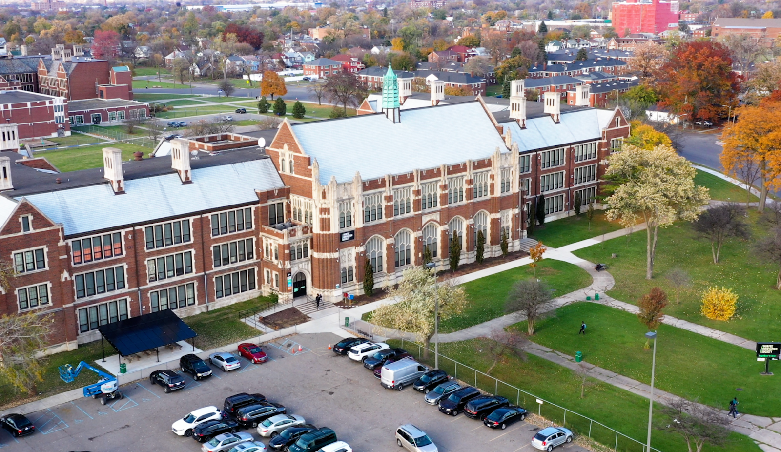 An aerial view of the Durfee Innovation Society building
