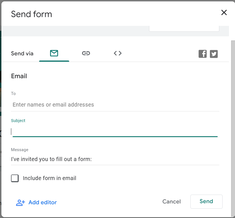A dialogue box for sending a form via email with fields for recipient, subject, and message