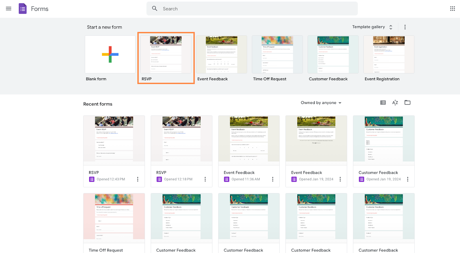 An interface displaying a selection of form templates, including options for RSVP, event feedback, and time off requests