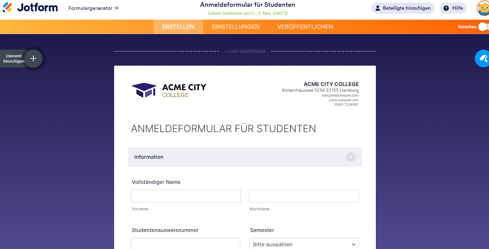 Anmeldeformular für Studenten im Jotform Formulargenerator