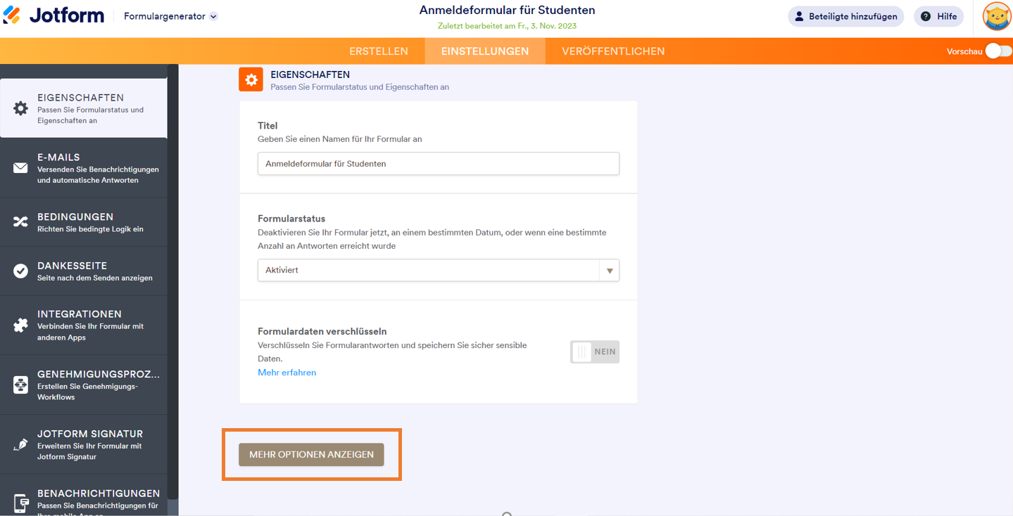 Seite mit den Formulareinstellungen im Jotform Formulargenerator Klicken Sie auf Mehr Optionen anzeigen