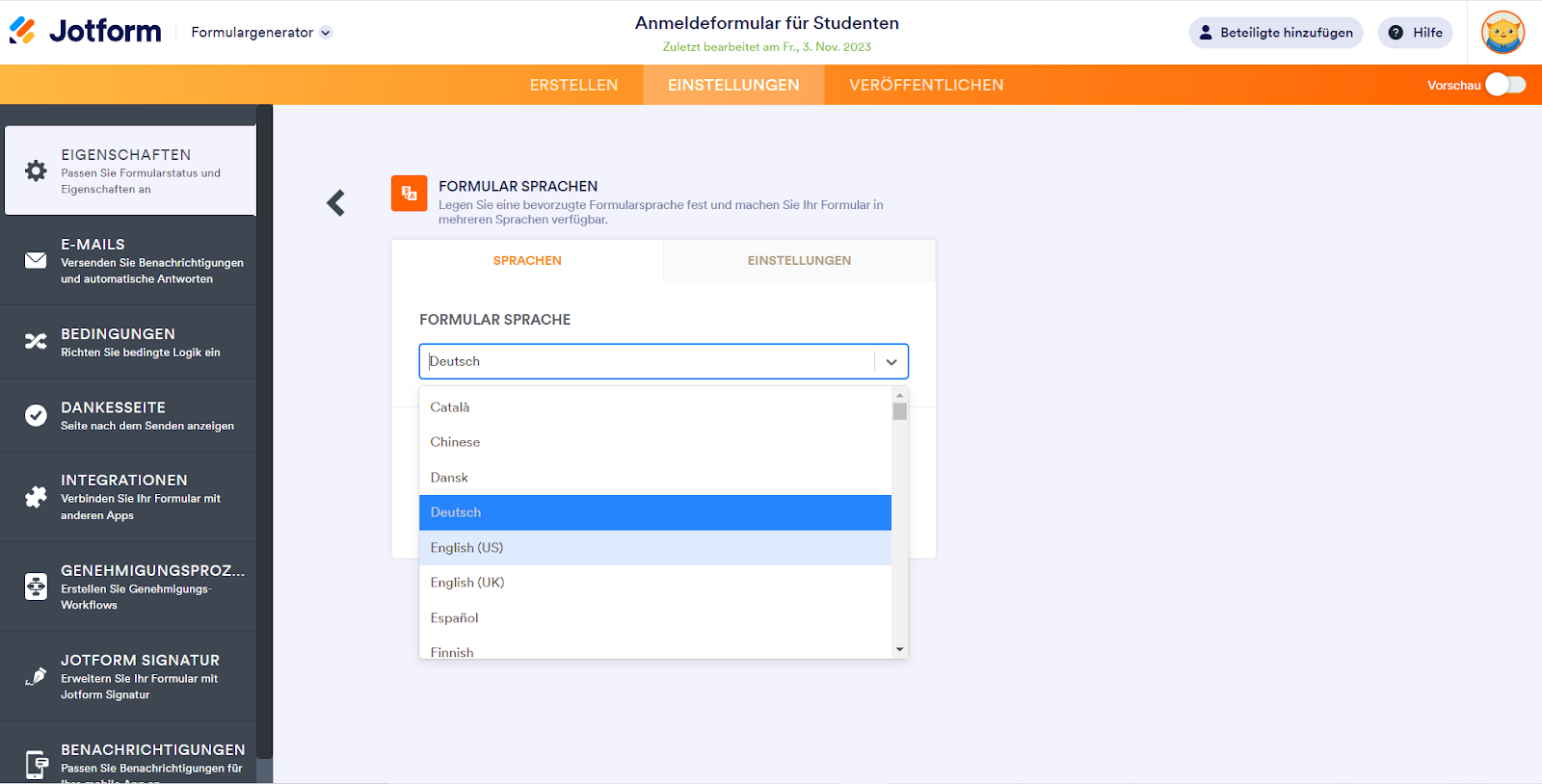 Auswahl der Formularsprache in den Formulareinstellungen