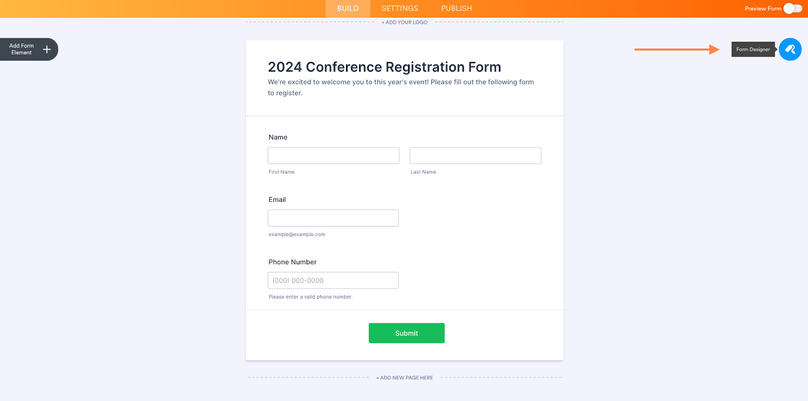 A partially completed "2024 Conference Registration Form" in Jotform with fields