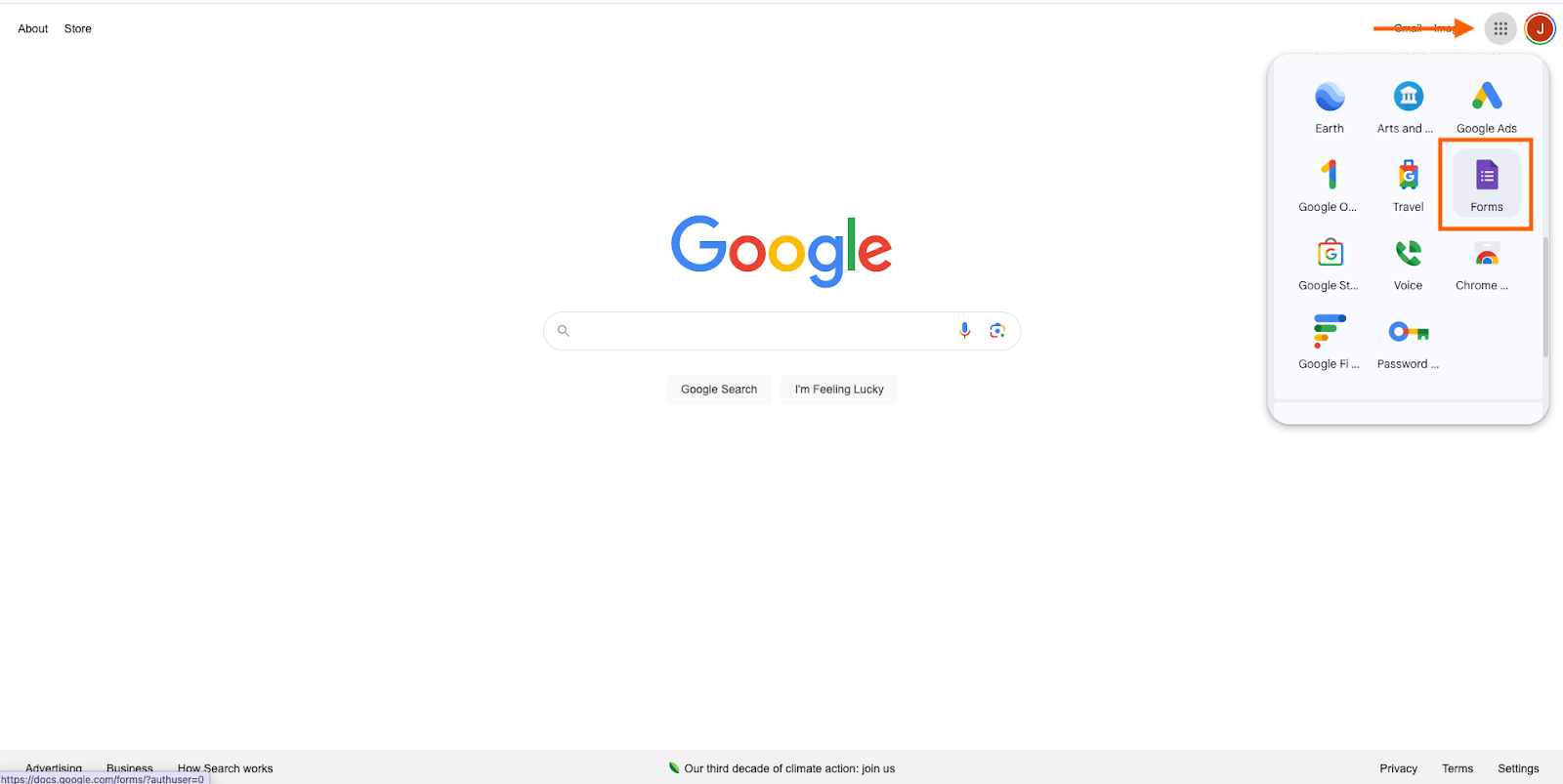 Mengklik ikon Google Formulir di Beranda Google