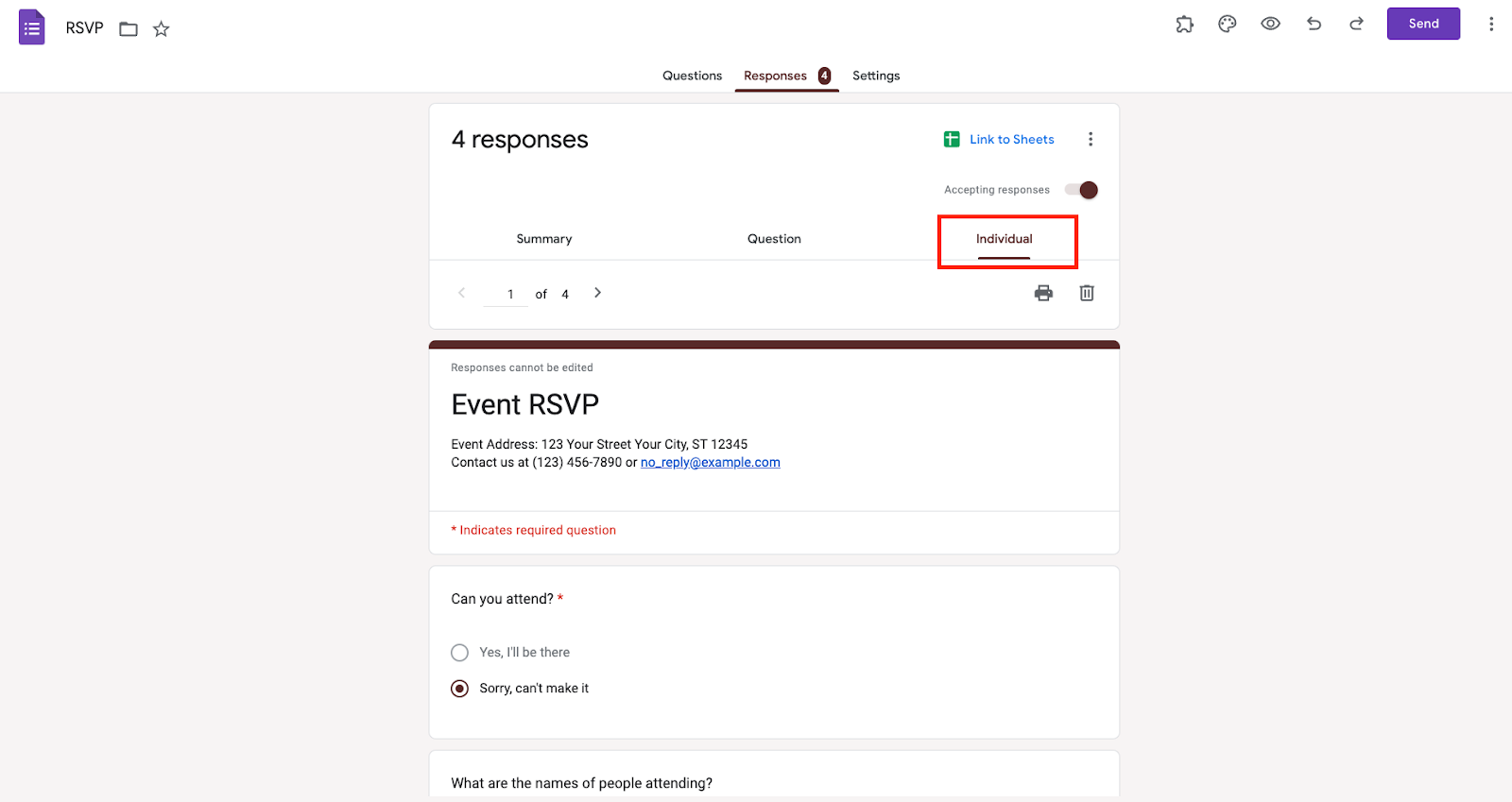 Mengklik Tab Individu di Bawah Respons