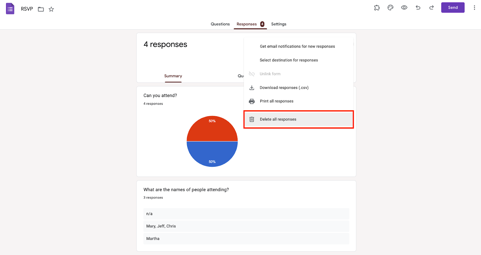 Mengklik Opsi Hapus Semua Respons di Menu Lainnya