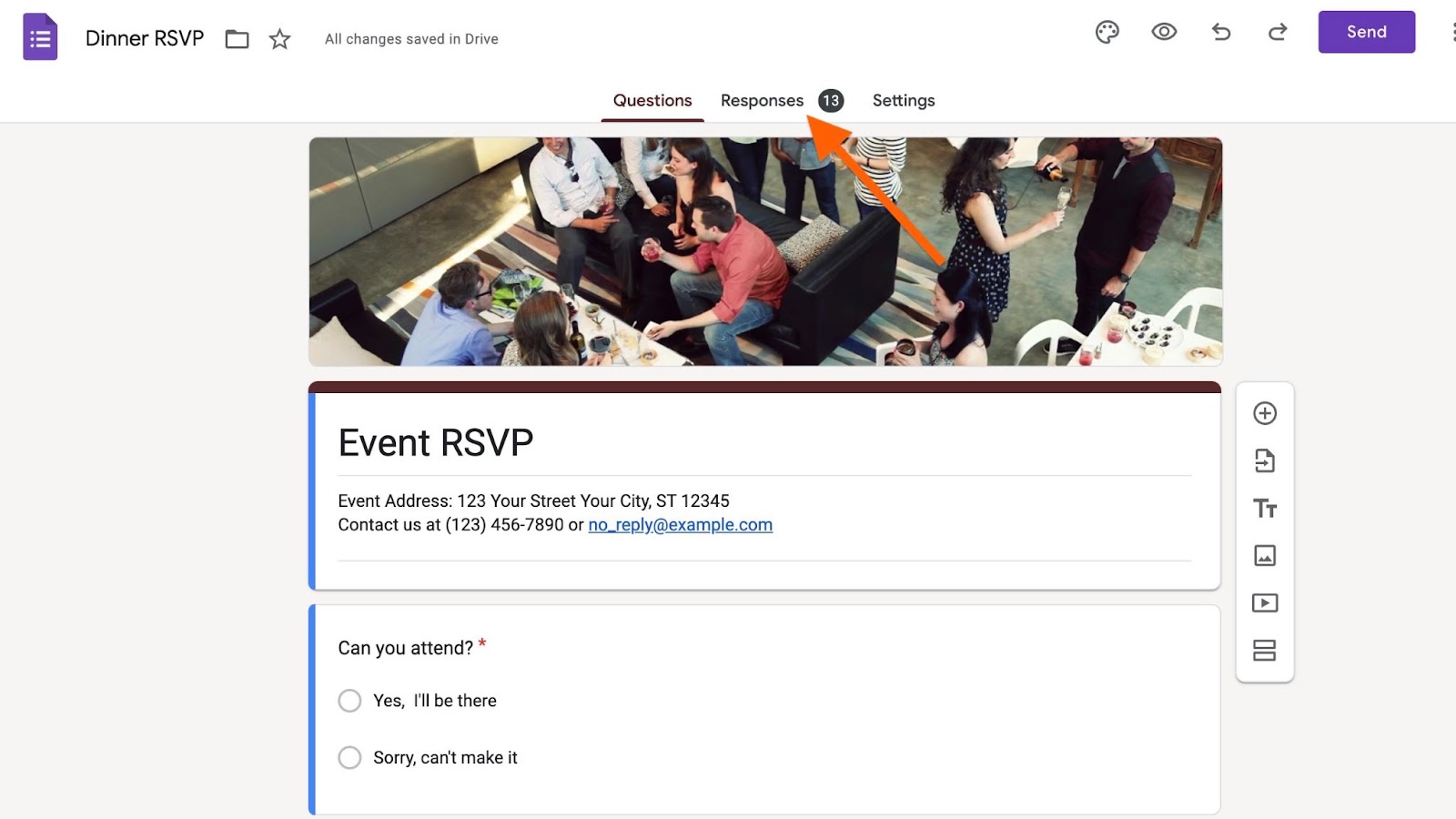 Clicking on the Responses tab at the top of the form editor in Google Forms