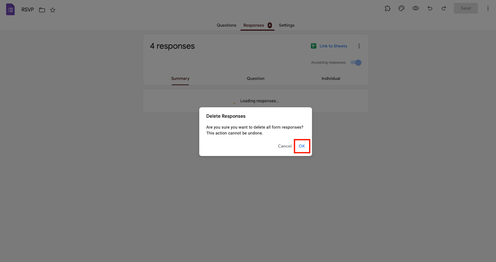 Mengklik Tombol OK untuk Menghapus Semua Respons