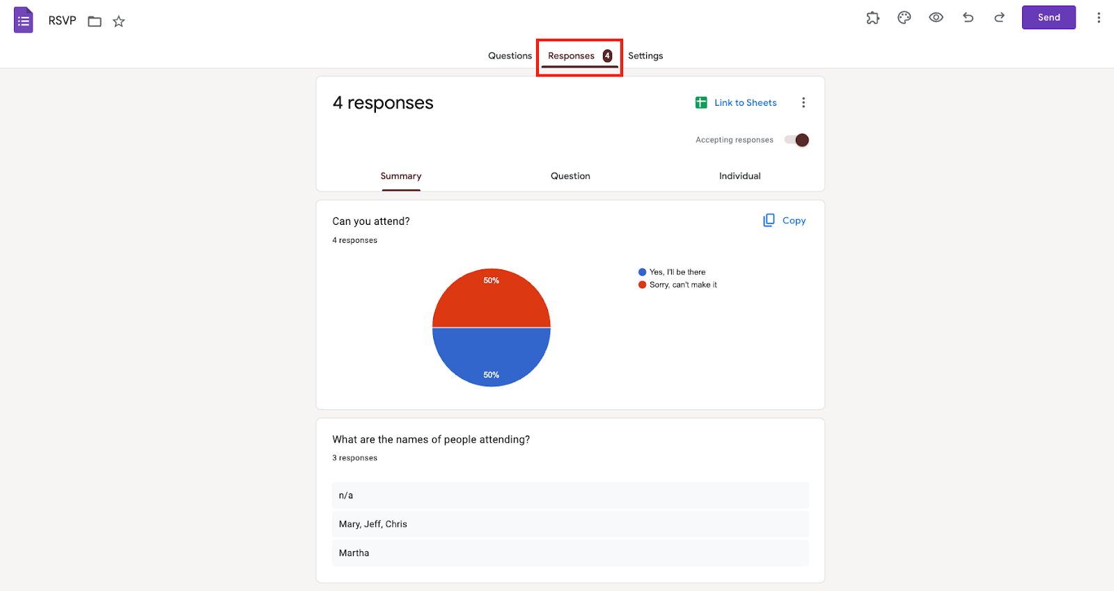 Mengklik Tab Respons di Formulir RSVP