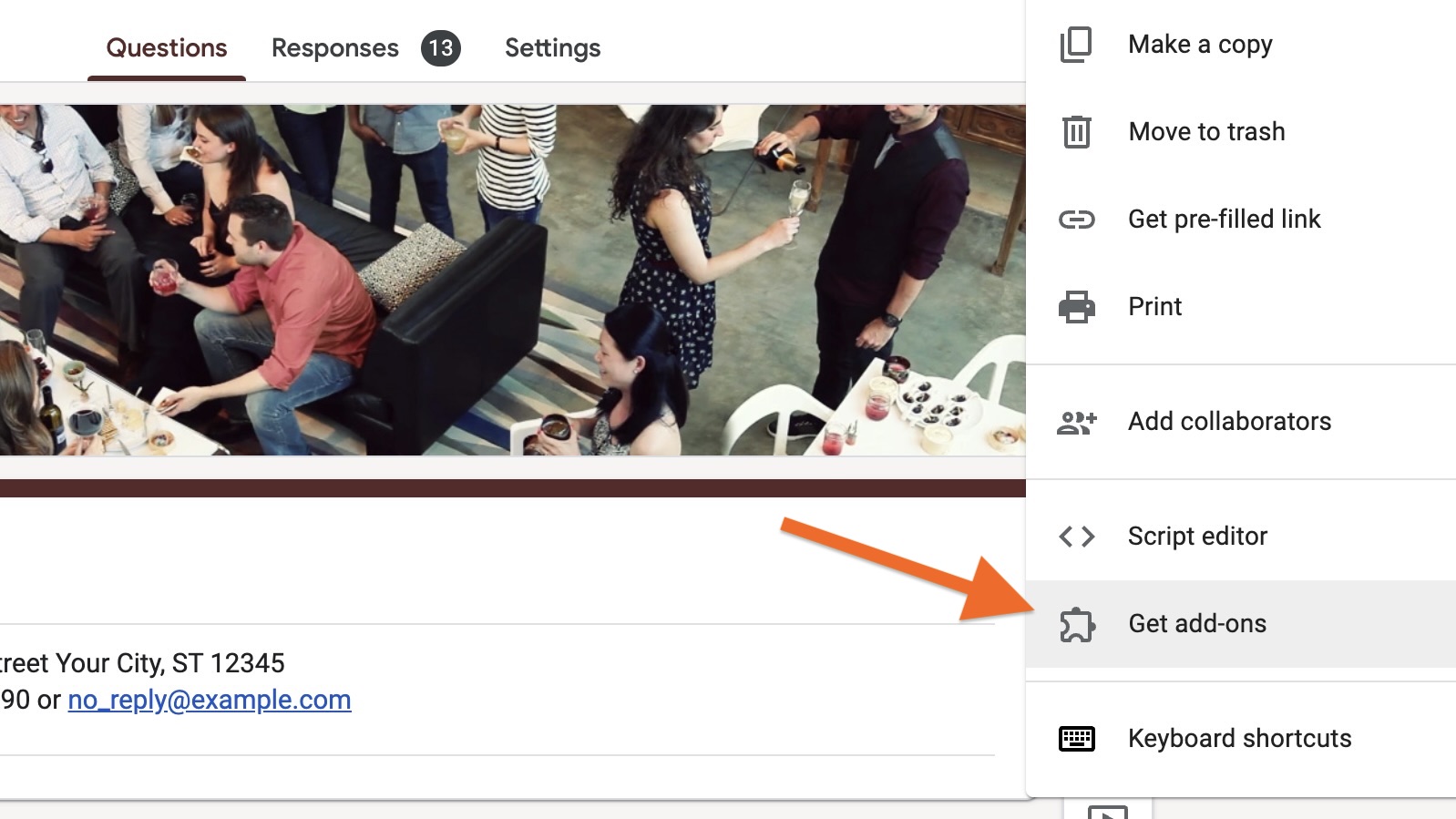 Clicking on the Get add-ons option from the dropdown in Google Forms